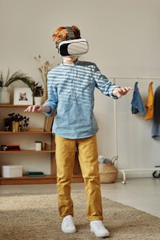 A child wearing VR headset playing games indoors with curiosity.