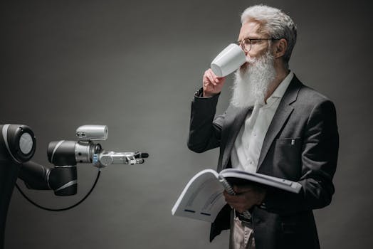 A senior man interacts with a robot while holding a book, symbolizing technology and innovation.