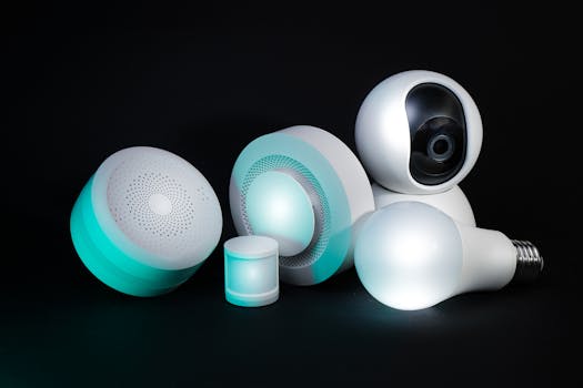 Collection of smart home devices including a camera, bulbs, and sensors on a dark background.