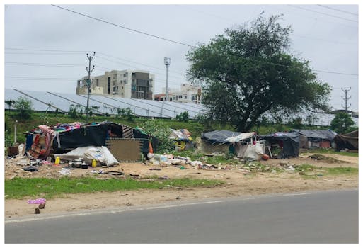 Street scene showing makeshift homes near solar panels in Vadodara, India.