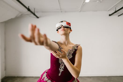 Ballerina gracefully dancing indoors while wearing a VR headset, combining tradition with virtual reality.