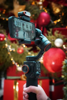 Close-up of a mobile phone on a gimbal capturing a festive scene with Christmas decorations.