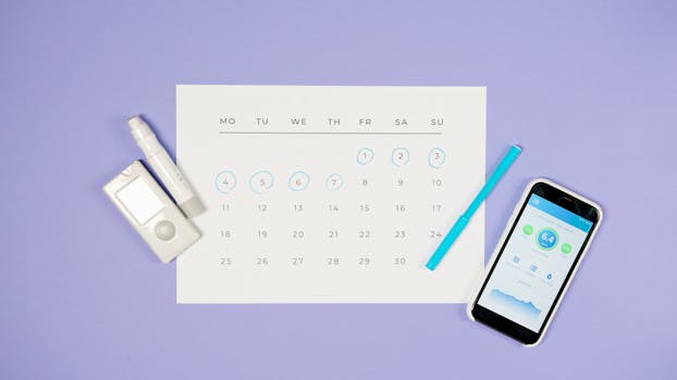 Flat lay of calendar with medical devices and smartphone, representing diabetes management.