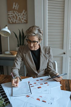 A senior woman analyzing printed data charts in a modern home office setting.